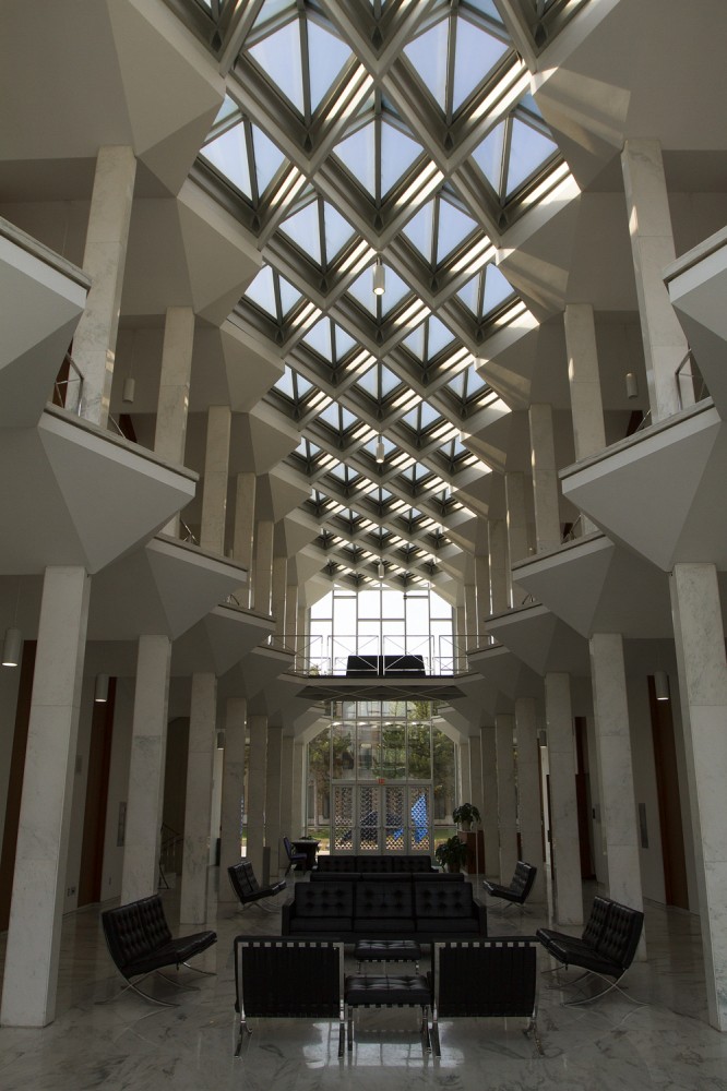 The McGregor Memorial Conference Center features an open atrium illuminated by a diamond-shaped skylight. 