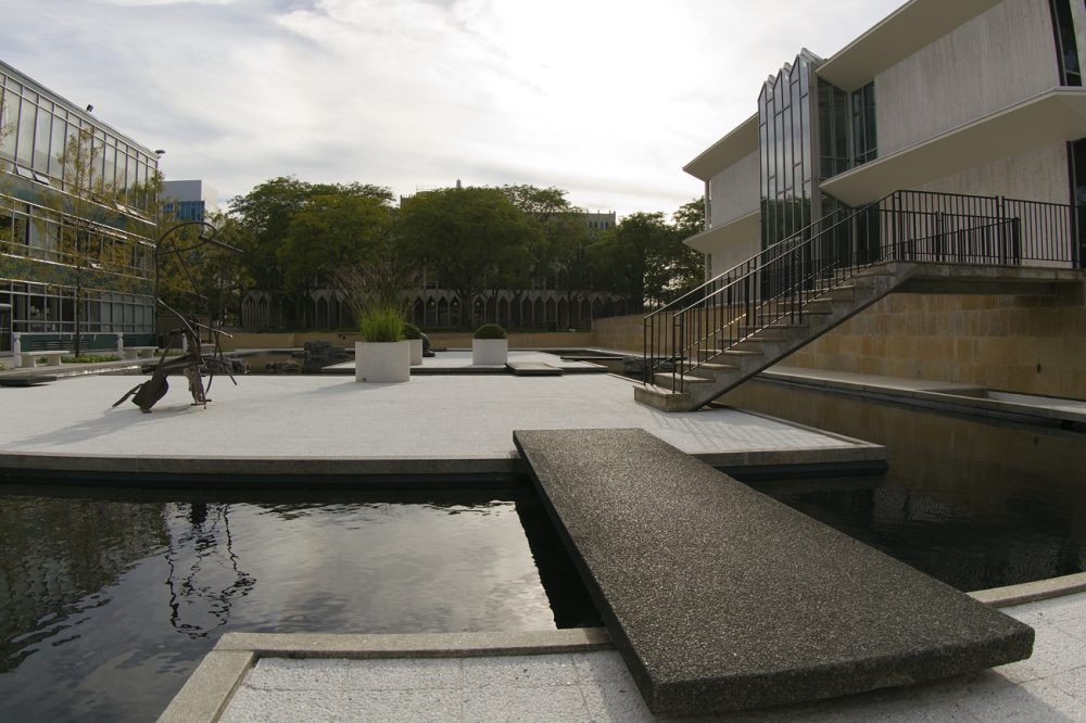 The reflecting pool, with McGregor Memorial Conference Center on the right. 