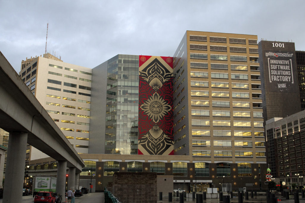 Fairey's 185-mural – his largest yet – on the Compuware building. 