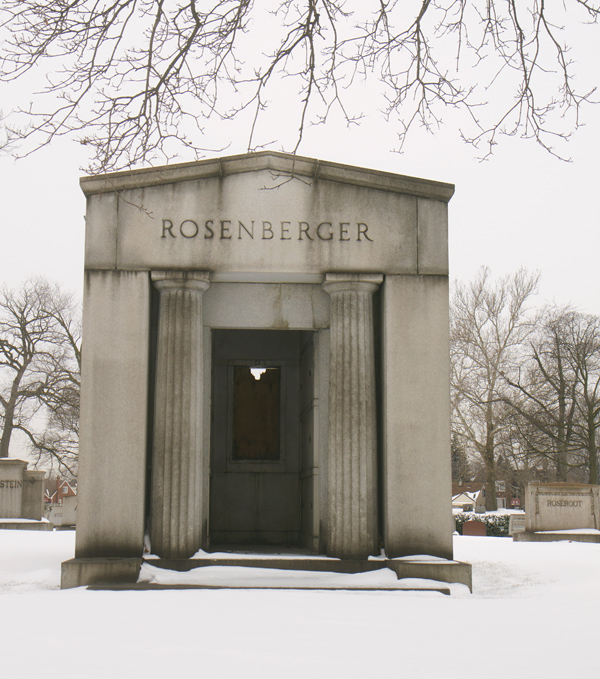 The copper doors and stained glass window were stolen from the mausoleum of Oscar Rosenberger, the owner of the San Telmo Cigar Company. 