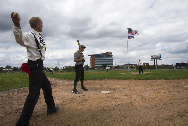 Fans played a game of "1860s baseball" at Navin Field, the site of former Tiger Stadium. Photo by Steve Neavling. 