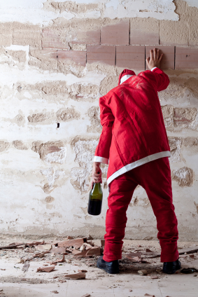 Staggering Drunken Santa Holding on a Wall