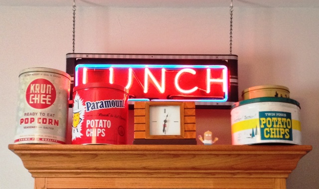 Mr. Golick always wanted a neon sign. He found this one, a subtle tribute to "Lunch with Soupy," at a garage sale and refurbished it.