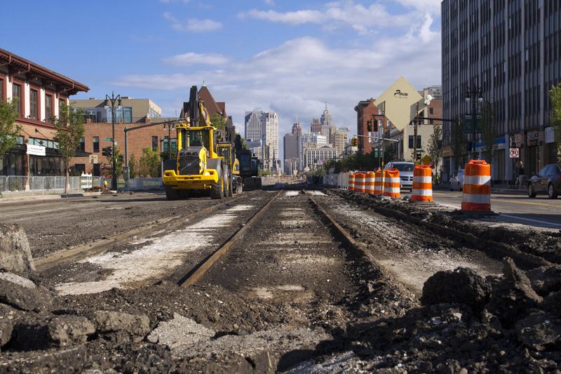 Unearthed streetcar rails on Woodward near downtown Detroit. All photos by Steve Neavling