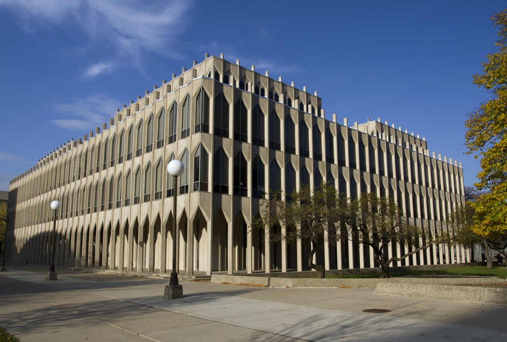 The four-story College of Education Building was opened in 1960 and features tall, narrow windows.   