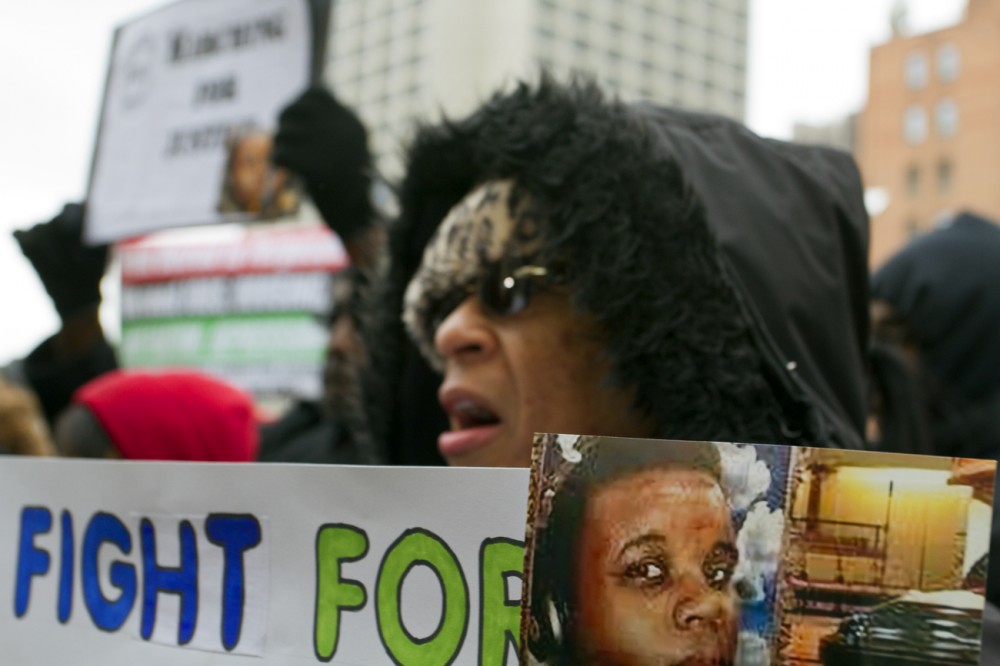 Demonstration outside of Detroit's federal courthouse. 