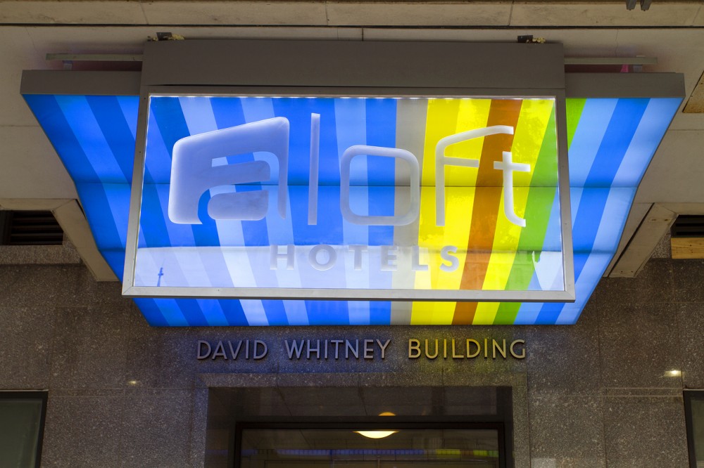 Entrance to the David Whitney Building at Witherell and Woodward. 
