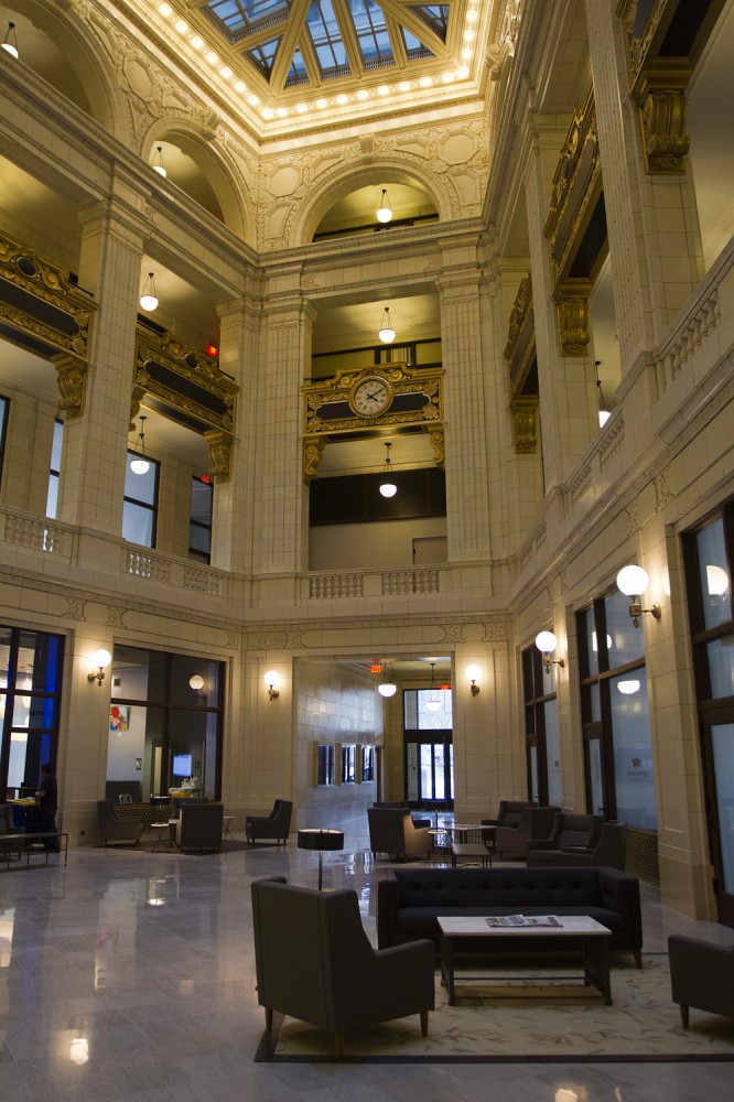 The 100-year-old lobby used to be ringed with storefronts. 