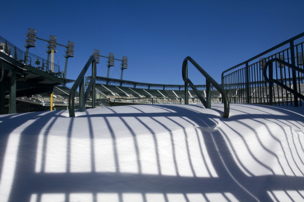Comerica Park blanketed in snow. 