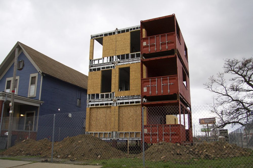 A 3-story shipping container model is under construction at Trumbull and Pine in Corktown. 