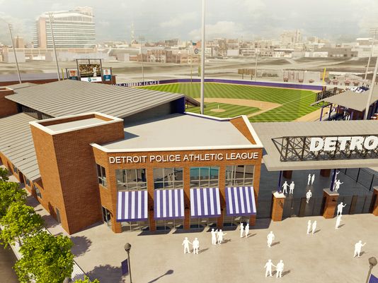 Rendering of the new headquarters and youth sports facility at the former Tiger Stadium site. 