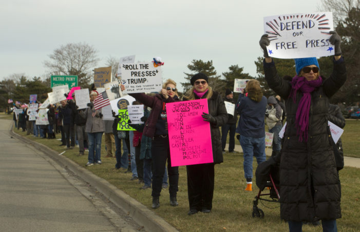 Protesters rally in support of a free press in Sterling Heights